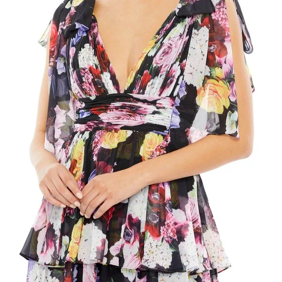 IEENA for Mac Duggal NWT #55837 Floral Bow Strap V-Neck Mini Dress Size 2 - Picture 2 of 14